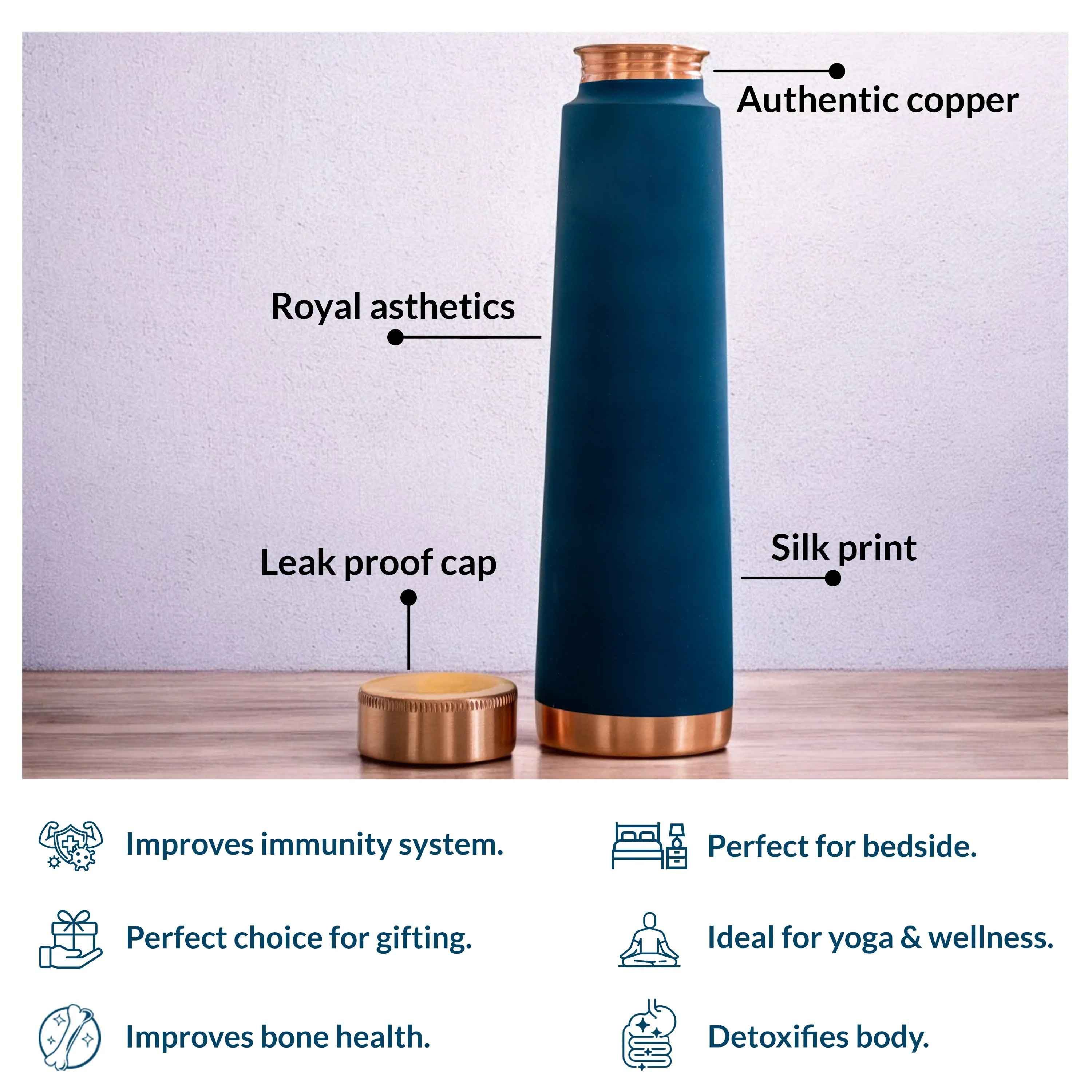 Personalized copper pyramid shape silk finish water bottle, peacock blue - 800 ML 160
